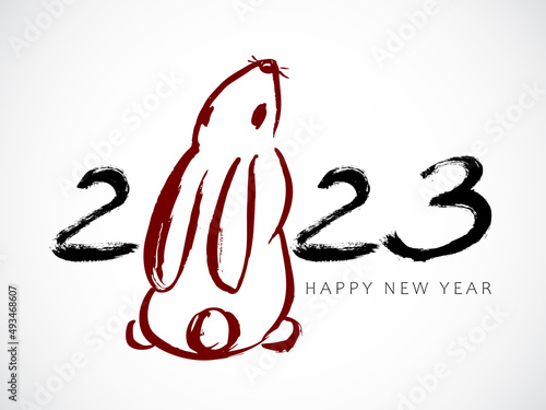 Rabbit. Greeting card design template with Chinese calligraphy for 2023 New Year of the rabbit. Lunar new year 2023. Zodiac sign for greetings card, invitation, posters, banners, calendar