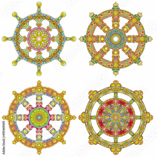 Set of Wheels the symbol of buddhism vector illustration