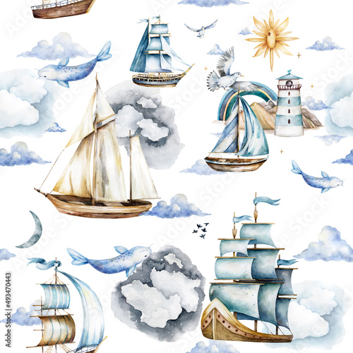 ships. watercolor seamless pattern sea adventure. sailboat, boat, boat trip, summer holidays, dreams. watercolor set