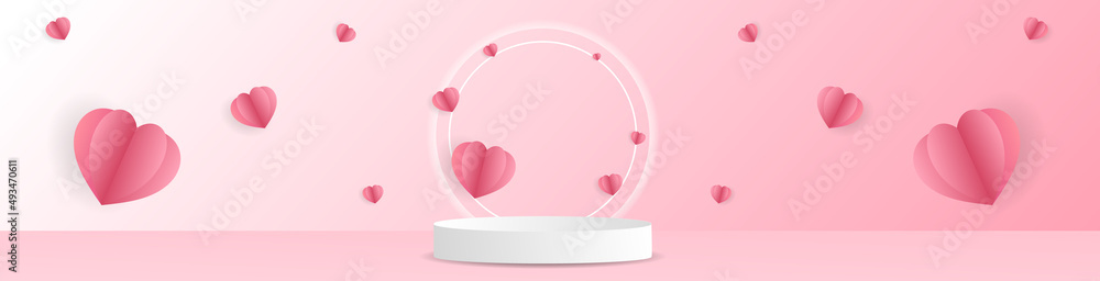 Banner for product display white podiums background with pink and red heart  , on pink background fresh mind , illustration 3d Vector EPS 10
