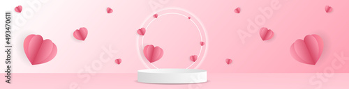 Banner for product display white podiums background with pink and red heart  , on pink background fresh mind , illustration 3d Vector EPS 10