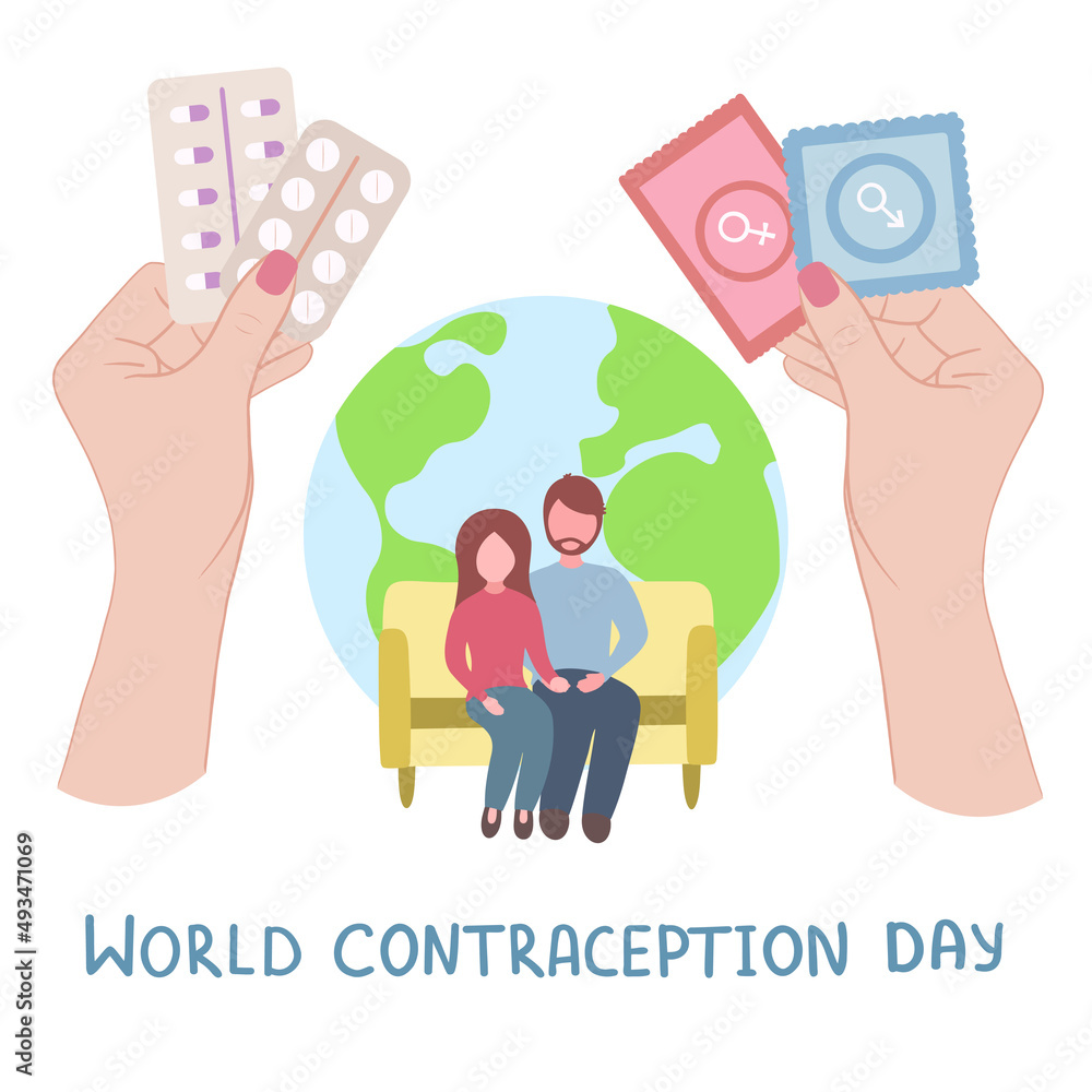 World Contraception Day. Contraceptive items for safe sex. Birth control methods. Sex education. Vector Illustration for printing, background, poster and seasonal design. Isolated on white background.