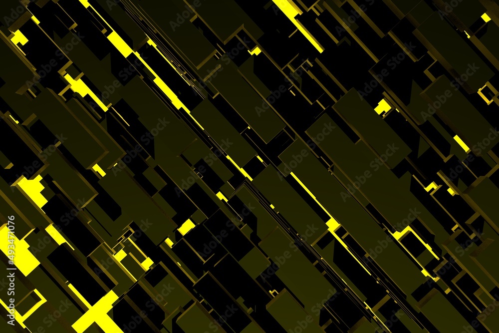 Obraz premium Abstract cubic 3D render illustration. Abstract design background.Yellow backlight abstract tech.