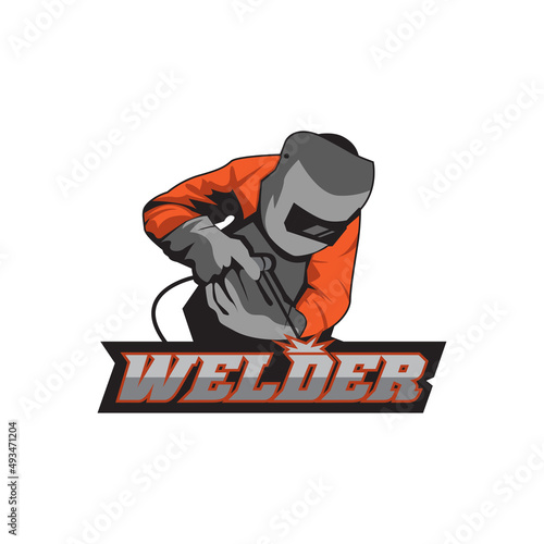 Welder working with weld helmet in badge design style
