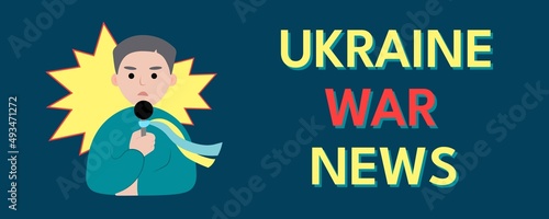 Ukraine news concept, banner, poster. stop Russian aggression. Newscasters a man and a woman are sitting in front of the flag of Ukraine. Illustration in a flat style.