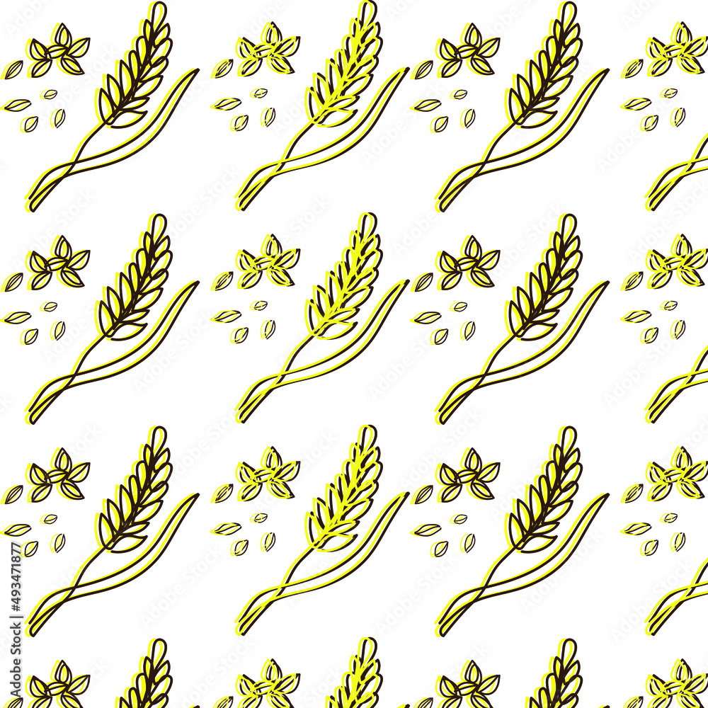Vector seamless pattern illustration of ears of wheat. Malt beer background. Autumn harvest. 