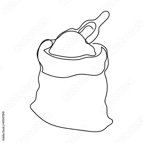 Continuous one line of bag of burlap with fresh flour and scoop in silhouette. Minimal style. Perfect for cards, party invitations, posters, stickers, clothing. Black abstract icon.