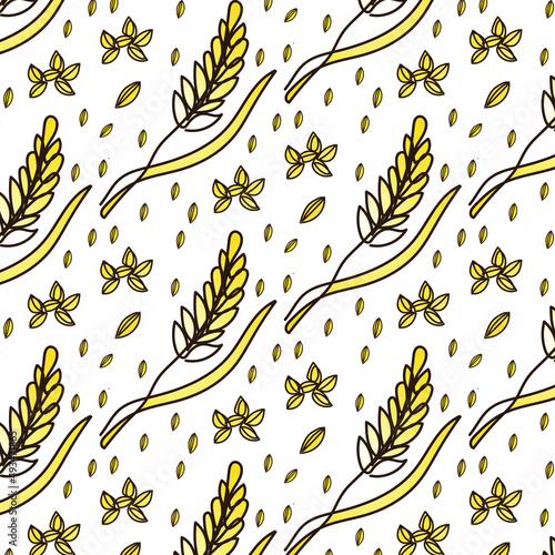 Vector seamless pattern illustration of ears of wheat. Malt beer background. Autumn harvest. 