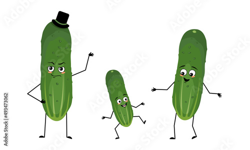 Family of cucumber characters with happy emotions, smile face, happy eyes, arms and legs. Mom is happy, dad is wearing hat and child is dancing. Vector flat illustration
