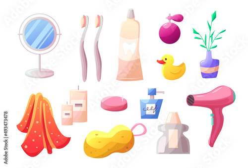 Bathroom accessories cartoon. Mirror. Toothbrush. A bath towel.
Aroma candles. Washcloth and soap. Hair dryer. Bath duck. Perfume. Vase with Flowers. Bathroom hygiene. Vector illustration.