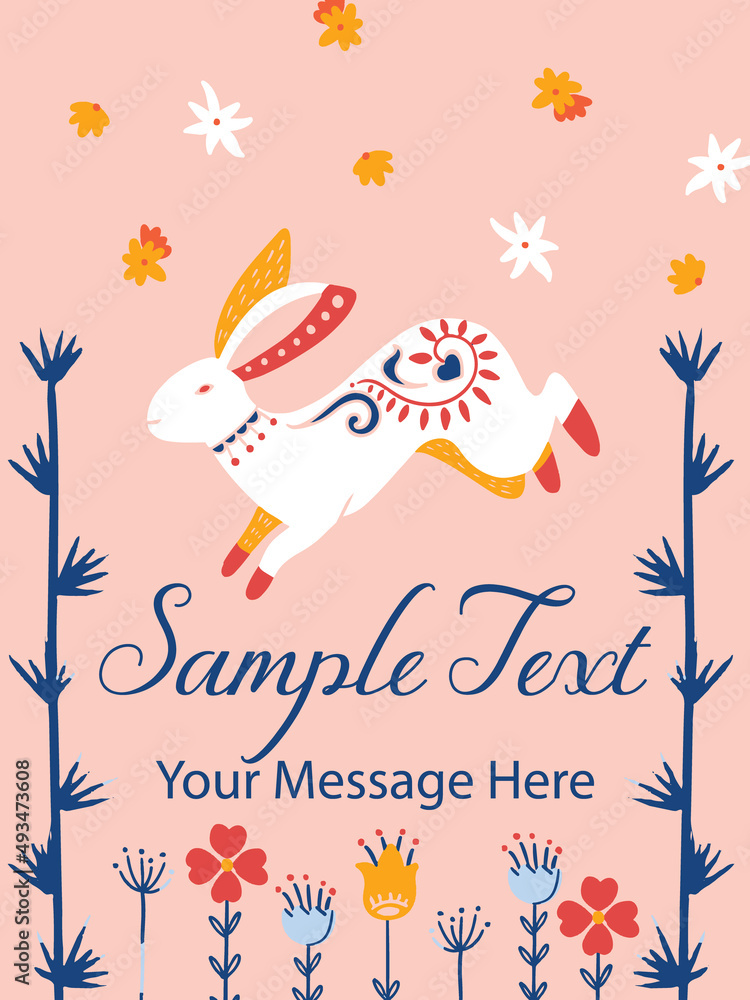 Cute White Rabbit Jumping Vector Card Background