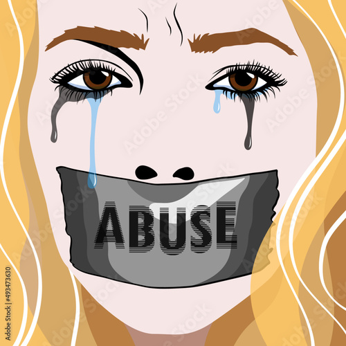Weinende blonde Frau mit zugeklebten Mund, abuse, Comics