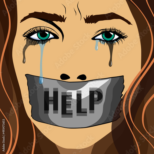 Weinende brünette Frau mit zugeklebten Mund, help, Comics-Style