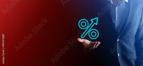 Increasing percentage icon.Profit high growth arrow and percent icon.profit increase arrow up symbol.Interest rate, stocks, financial, ranking, mortgage rates and Cut up concept.The economy improving.