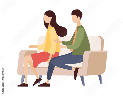 Love couple of people sitting on the sofa. Man and woman relationship. Male and female psychology concept. Vector flat illustration
