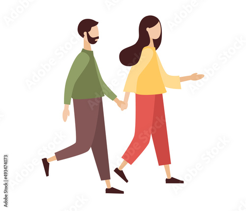 Love couple of people holding hands and walking. Man and woman relationship. Male and female psychology concept. Vector flat illustration