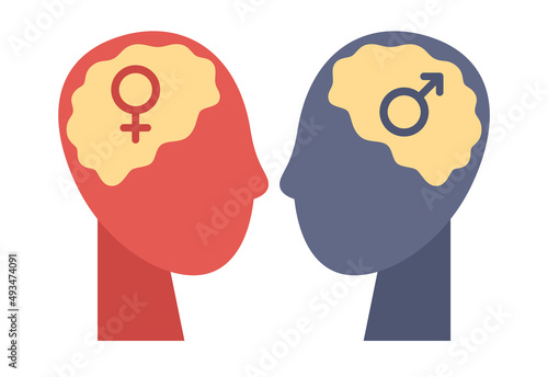 Man and woman heads icon. Male and female psychology. Gender identity. Relationship, psychologist, therapist, love concept. Vector flat illustration