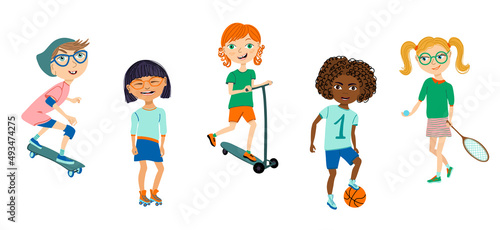 Children's sport hobbies. Cute vector set of multinational kids and different sport equipments. Colorful hand drawn illustrations isolated on white.