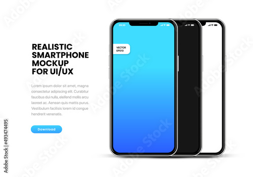 3d high quality vector smartphone mockups. Ultra realistic mobile device UI UX mockup for presentation template. Cellphone frame with blank screen isolated templates. 3d isometric illustration.