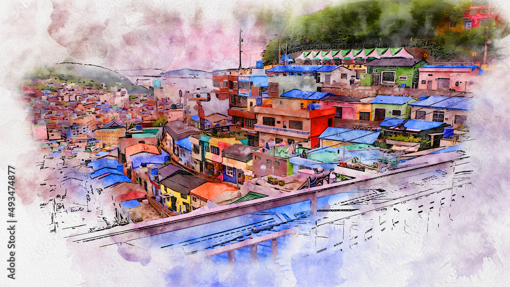 Fototapeta Watercolor pencil drawing picture cityscape view of Gamcheon Culture Village famous landmark at Busan Horea.