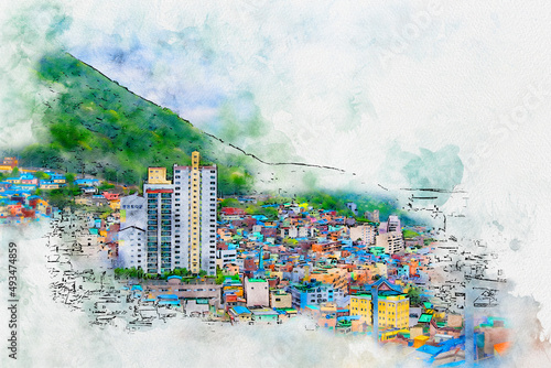 Watercolor pencil drawing picture cityscape view of Gamcheon Culture Village famous landmark at Busan Horea. photo