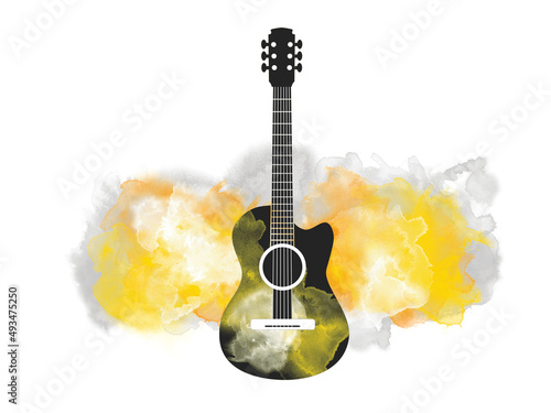 Abstract guitar illustration with watercolor elements.