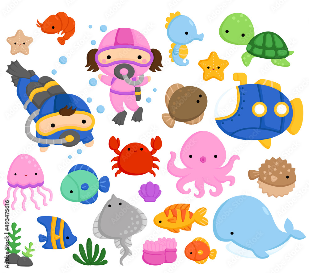 A Vector Set of Cute and Simple Sea Animals A Vector Set of Cute and Simple Sea Animals