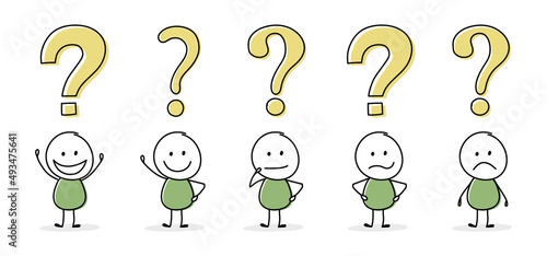 Funny stickman with question mark symbol. Icon set. Vector