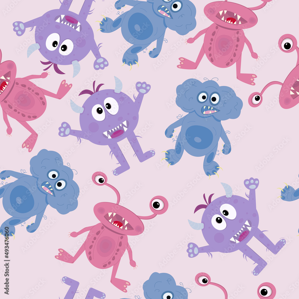 Obraz premium Seamless pattern with three different monsters on pink background