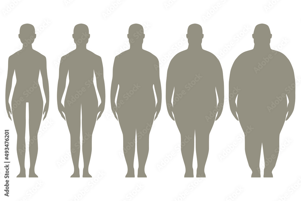 Stages of obesity, the process of obesity. Silhouette of a man with a ...