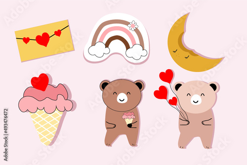 cute funny stickers, moon, bear, love, ice cream cartoon