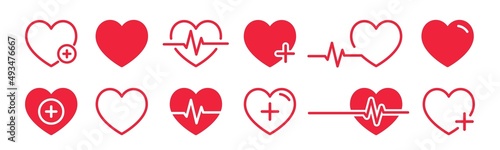 Heart vector icons collection. Heartbeat pulse line icon isolated on white background. Heart beat outline medical elements.