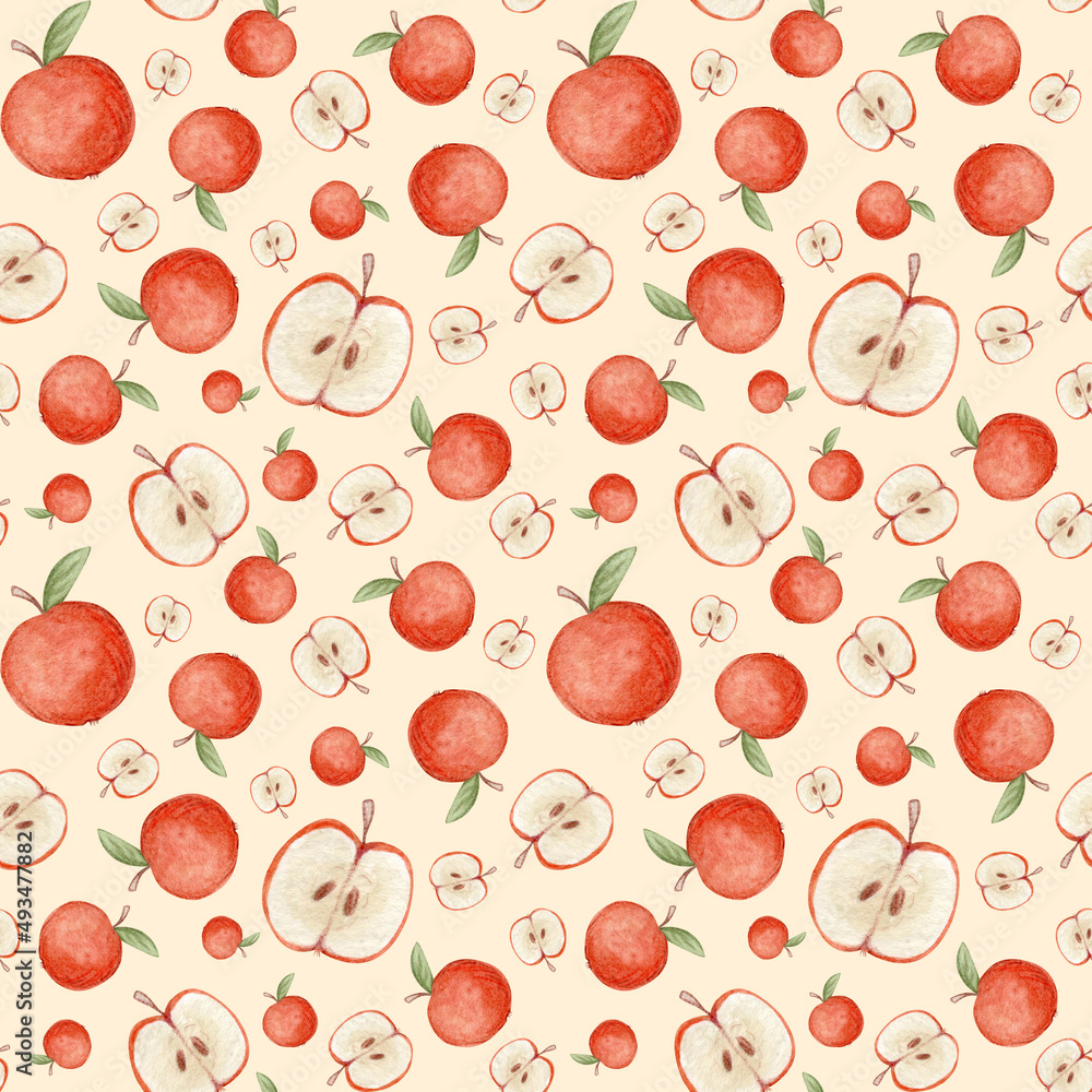 Seamless watercolor pattern of red apples. Bright fruits. Background for eco products, textiles, fabrics, paper. Seamless watercolor pattern of red apples. Bright fruits. Background for eco products, textiles, fabrics, paper.