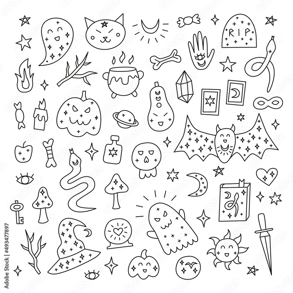 Set of doodle Halloween icons isolated on white background.