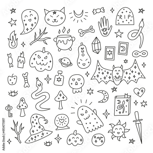 Set of doodle Halloween icons isolated on white background.