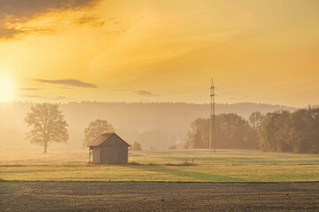 Fototapete Honigfarbe Sunrise Naturlandschaft Landschaft in Bayern, Deutschland  © Noppasinw