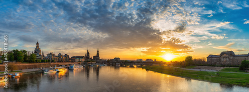 Dresden Germany, panorama sunset city skyline at Elbe River and Augustus Bridge