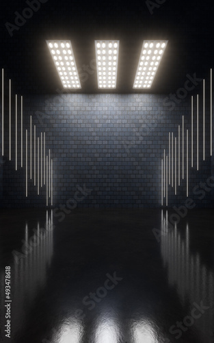 Dark brick room with top light  3d rendering.