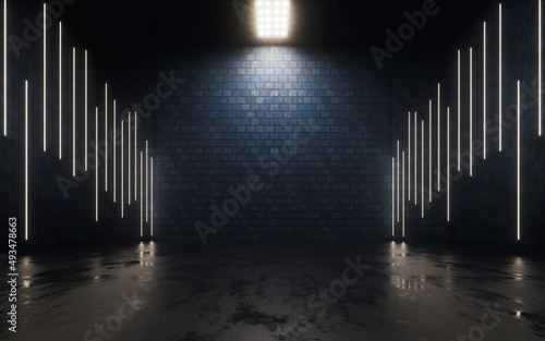 Dark brick room with top light, 3d rendering. photo