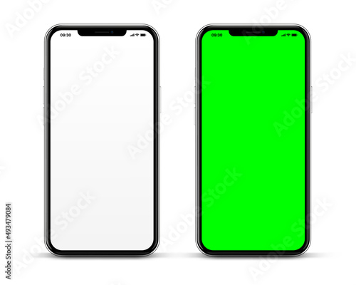 3d high quality vector smartphone mockups with green chroma key touch screen. Ultra realistic mobile device UI UX mockup for presentation template. Cellphone frame with blank screen isolated.