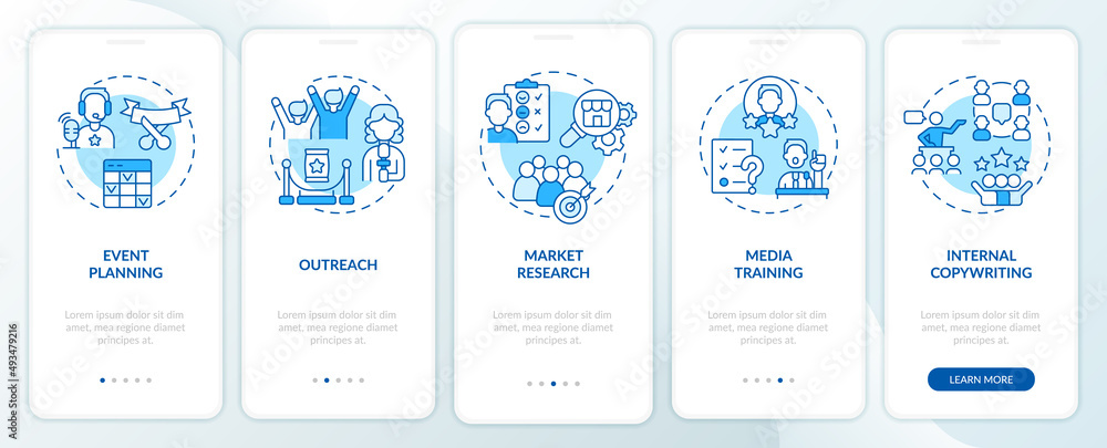PR services for organizations blue onboarding mobile app screen. Walkthrough 5 steps graphic instructions pages with linear concepts. UI, UX, GUI template. Myriad Pro-Bold, Regular fonts used