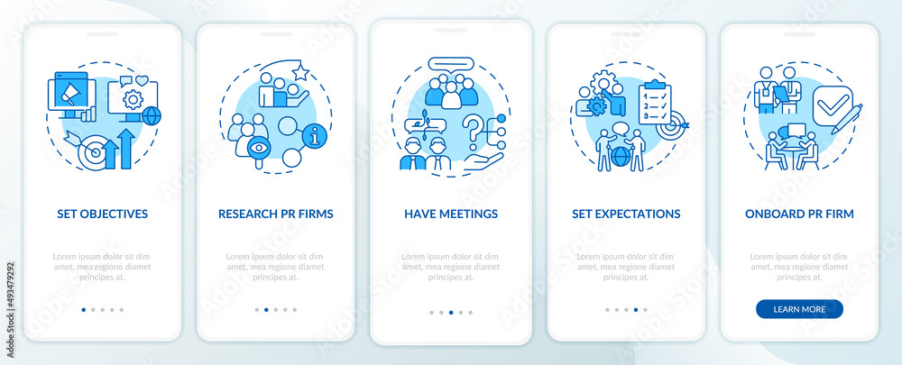 Hiring PR firm blue onboarding mobile app screen. Choose agency walkthrough 5 steps graphic instructions pages with linear concepts. UI, UX, GUI template. Myriad Pro-Bold, Regular fonts used
