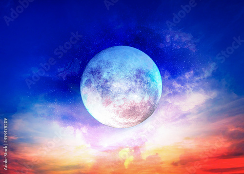 Moon and super colorful deep space. Gorgeous display of blue and red color. Background night sky with stars  moon and clouds. A view of the moon of incomparable beauty.