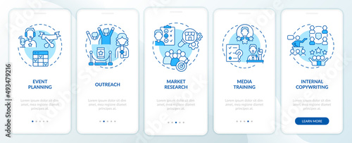PR services for organizations blue onboarding mobile app screen. Walkthrough 5 steps graphic instructions pages with linear concepts. UI, UX, GUI template. Myriad Pro-Bold, Regular fonts used © bsd studio