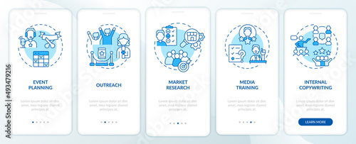 PR services for organizations blue onboarding mobile app screen. Walkthrough 5 steps graphic instructions pages with linear concepts. UI, UX, GUI template. Myriad Pro-Bold, Regular fonts used