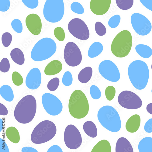 Happy Easter seamless pattern with colorful eggs on white background. Polka dots design for card, postcard, wallpaper, posters. Vector stock illustration. Cartoon style