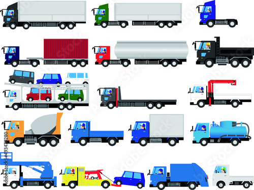 トラック（働く車）を運転する女性運転手（作業員）