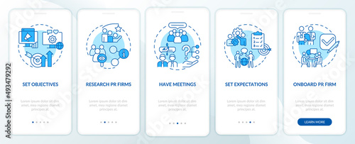 Hiring PR firm blue onboarding mobile app screen. Choose agency walkthrough 5 steps graphic instructions pages with linear concepts. UI, UX, GUI template. Myriad Pro-Bold, Regular fonts used
