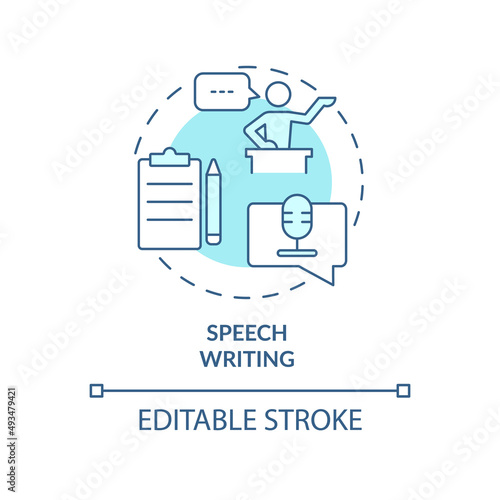 Speech writing turquoise concept icon. Public performance prepare. PR firm service abstract idea thin line illustration. Isolated outline drawing. Editable stroke. Arial, Myriad Pro-Bold fonts used