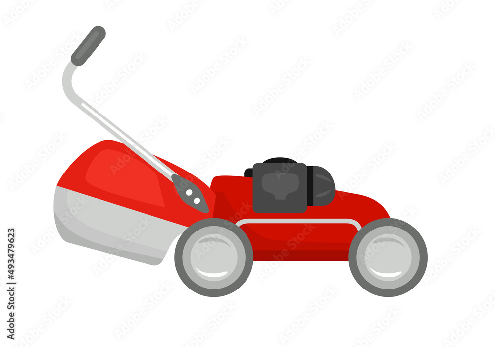 Red lawn mower isolated. Vector flat simple icon of garden equipment. Red lawn mower isolated. Vector flat simple icon of garden equipment.